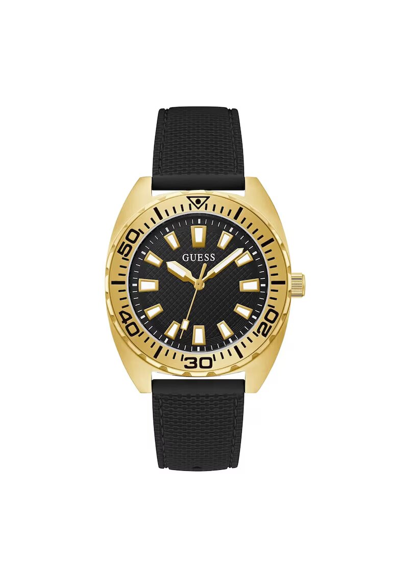 GUESS Мъжки часовник GW0715G3M - 42мм - корпус от стомана - силиконова каишка - златист цвят - черна каишка - водоустойчивост 5 ATM