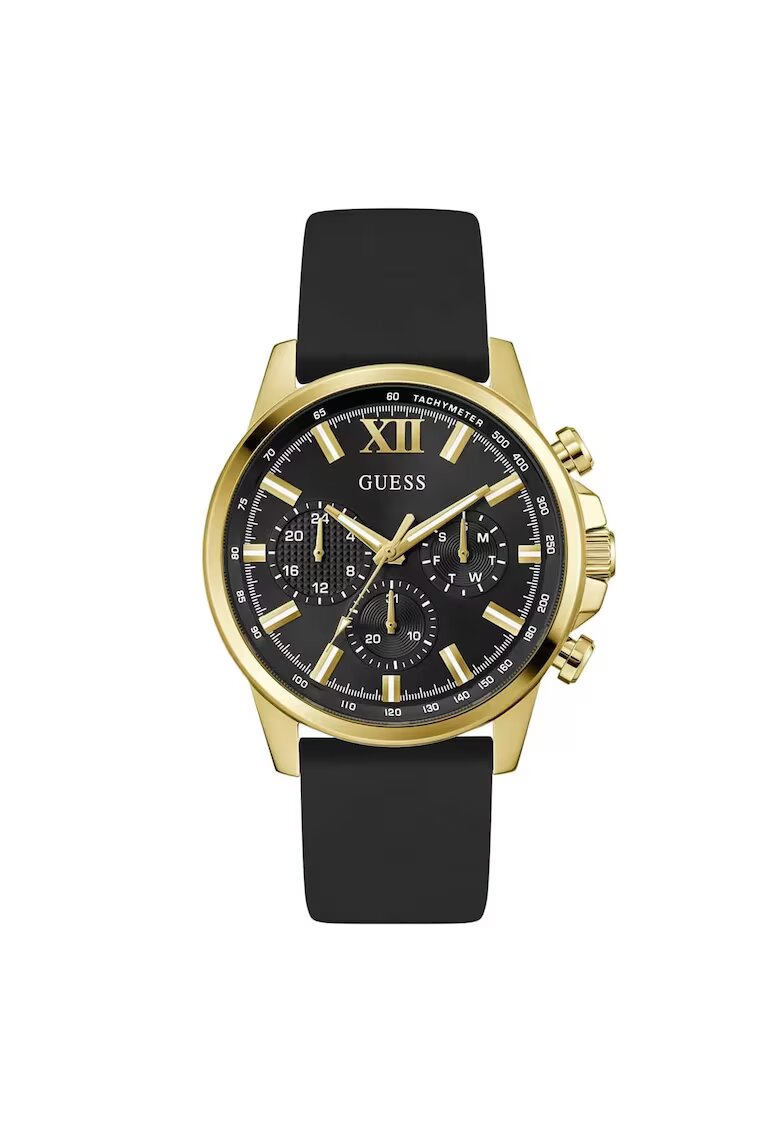 GUESS Мъжки часовник GW0913G2 - кварцов механизъм - черна силиконова каишка - диаметър 44 мм - златист цвят