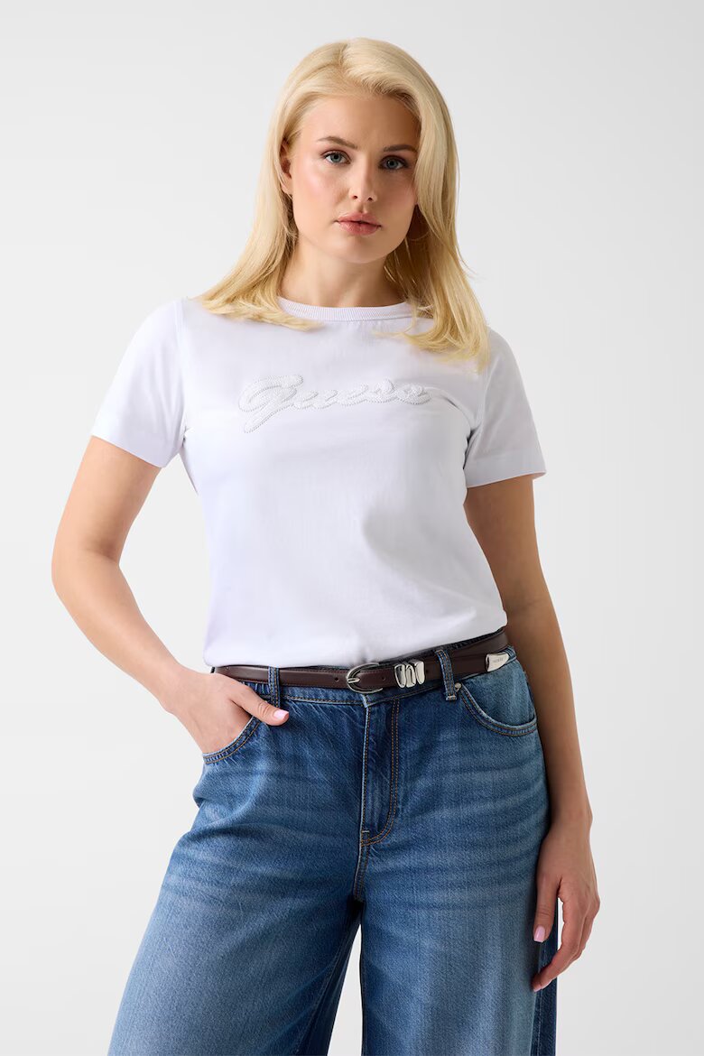 GUESS Памучна тениска с бродирано лого Бял