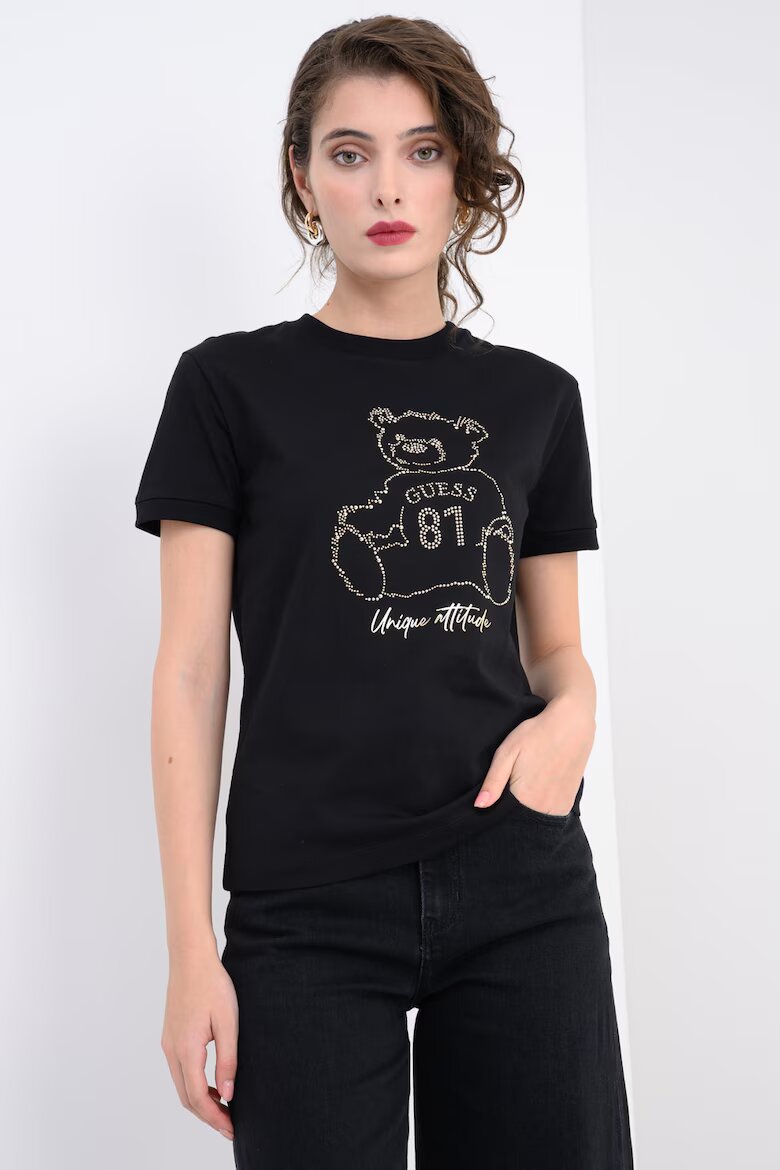 GUESS Памучна тениска с декоративни камъни Черен