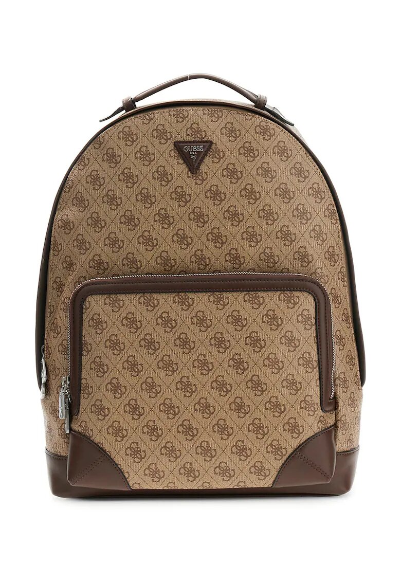 GUESS Раница Milano с монограм и преден цип - Кафяв/Бежов