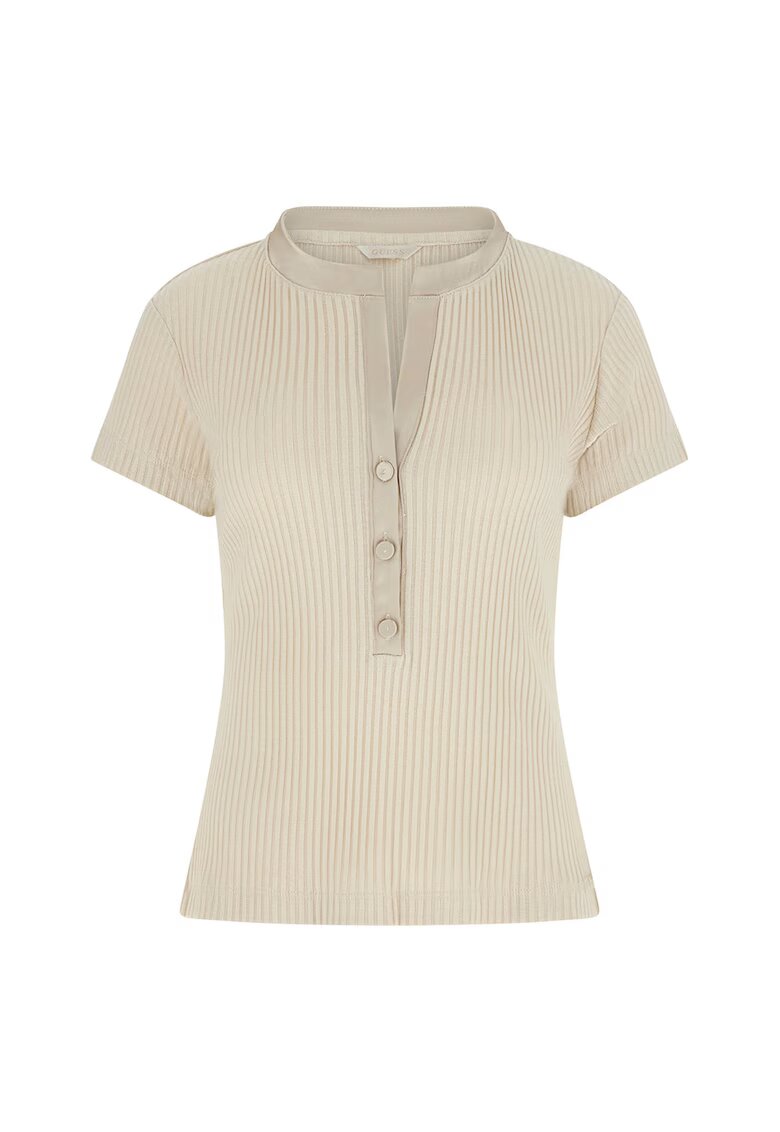GUESS Рипсена тениска с копчета - Бежов