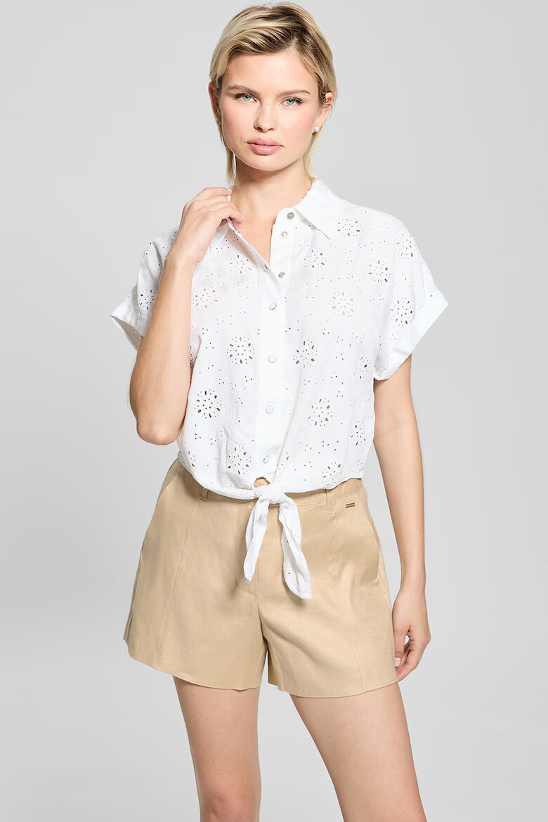 GUESS Риза с лиосел с бродерии и къси ръкави - Бял/Прозрачен