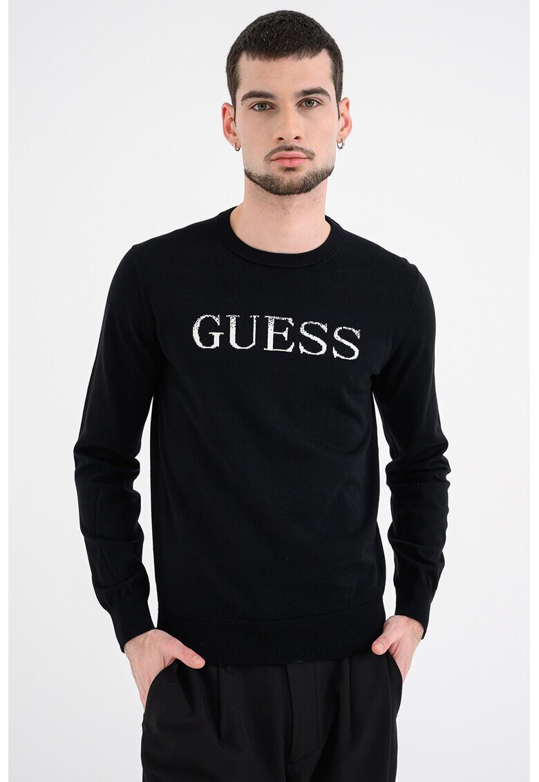 GUESS Слим пуловер с лого - Черен