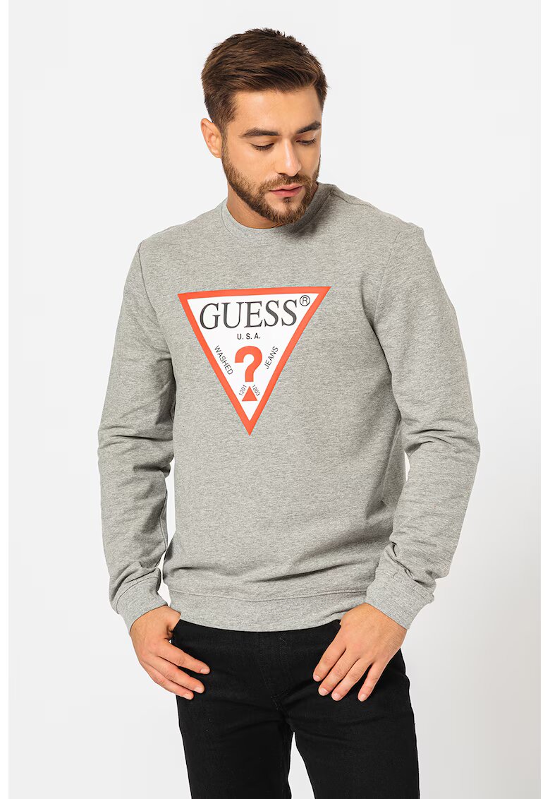 GUESS Суитшърт с овално деколте и лого - Сив меланж