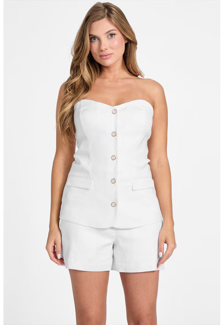 GUESS Топ с лен и модал с отделящи се презрамки - Бял