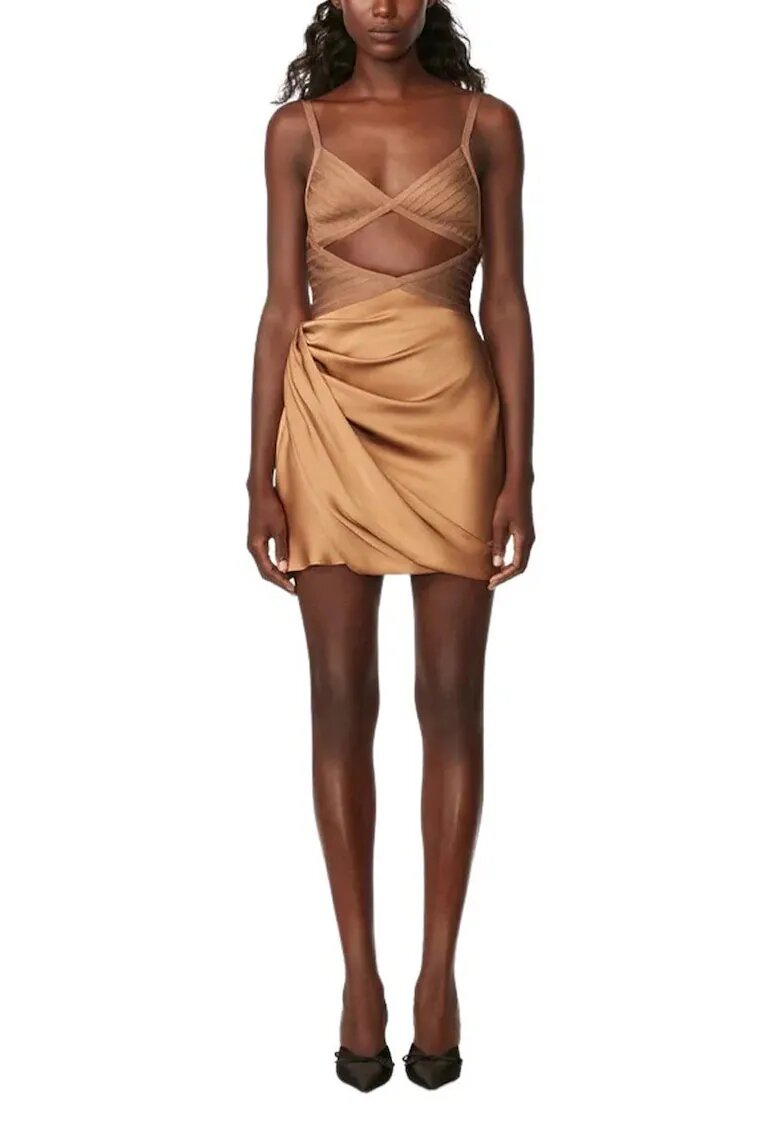 HERVE LEGER Официална мини рокля с бюстие от бандаж и изтънчен копринен драпеж - Кафяв