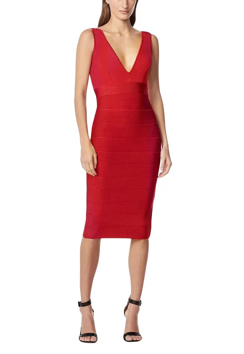 HERVE LEGER Rochie midi creion cu fermoar pe partea din spate - Червен