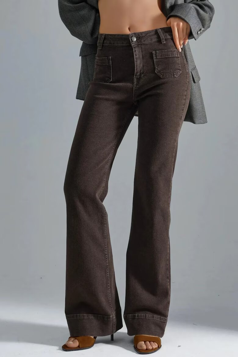 HiCCUP Дамски дънки High Waist Flare висока талия широк крачол кафяво-бежови деним