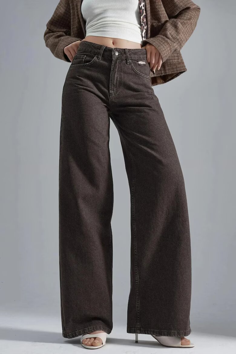 HiCCUP Дамски дънки High Waist Flare висока талия широк крачол кафяво-бежови деним