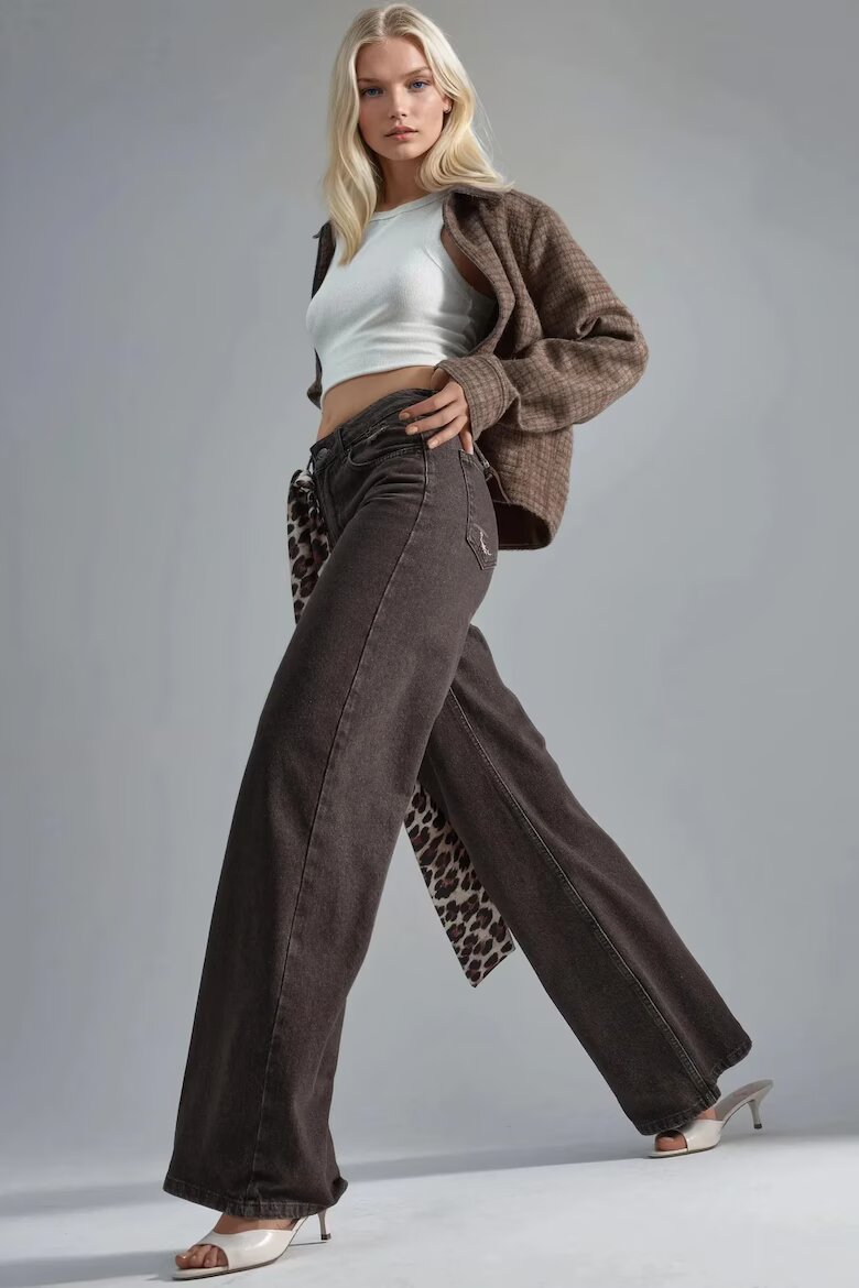 HiCCUP Дамски дънки High Waist Flare висока талия широк крачол кафяво-бежови деним