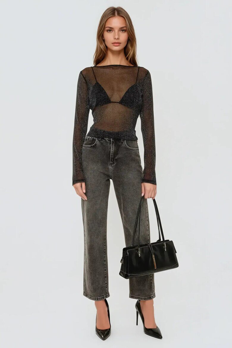 HiCCUP Прозрачна блуза с дълъг ръкав slim fit черна Черен