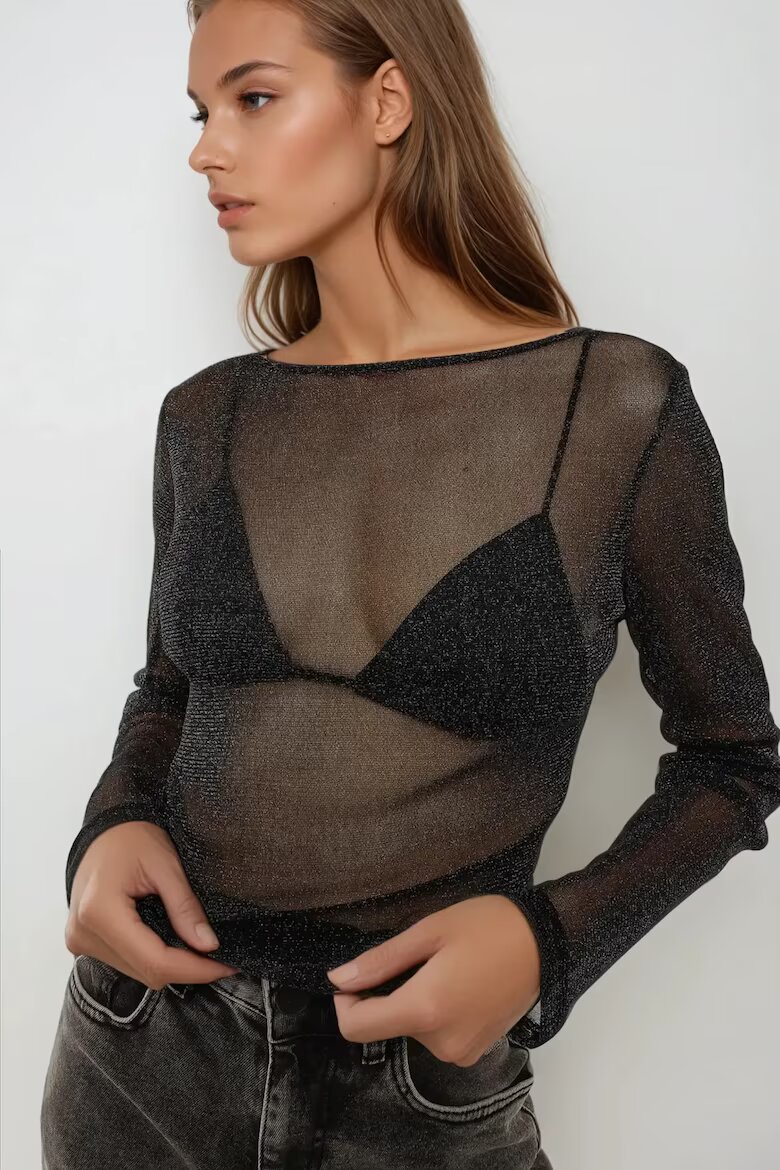 HiCCUP Прозрачна блуза с дълъг ръкав slim fit черна Черен