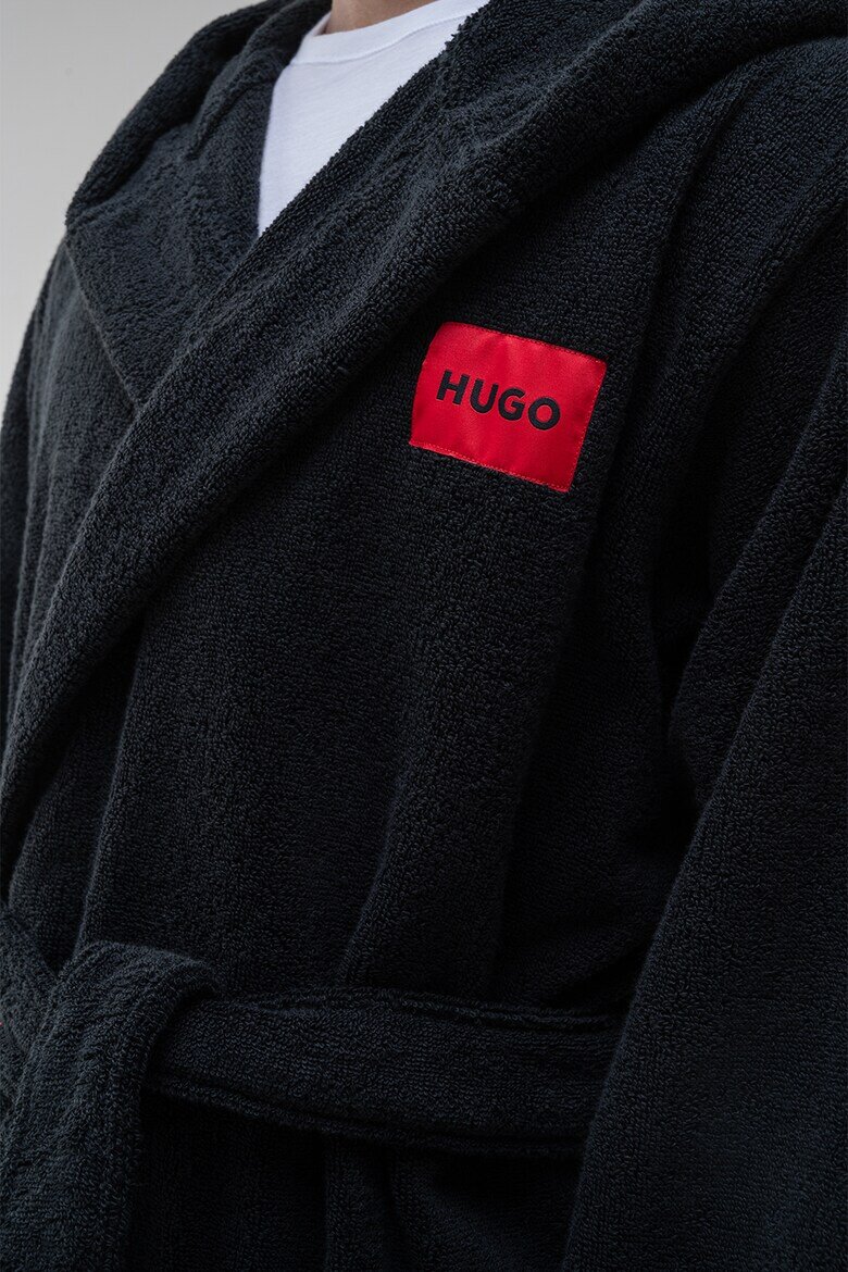 HUGO Мъхест памучен халат с качулка Черен