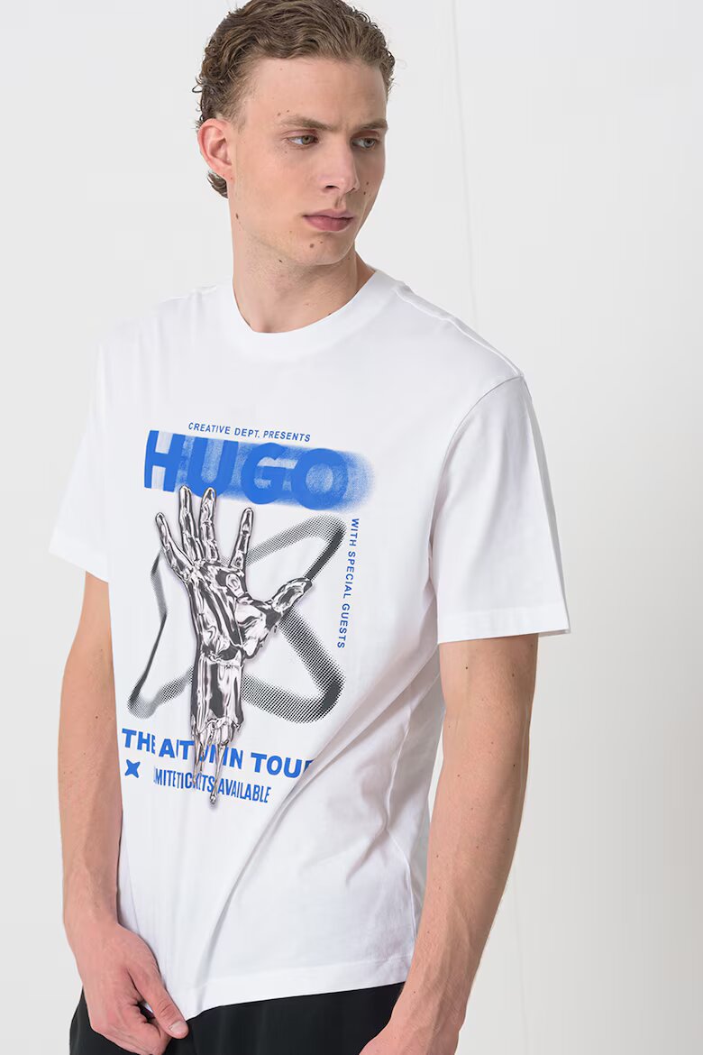 HUGO Памучна тениска с лого Черен/Кралско Синьо/Бял