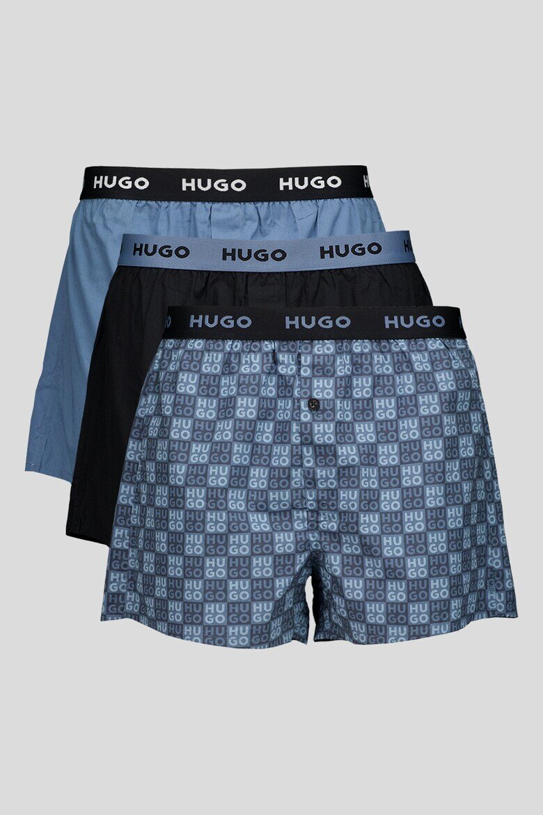 HUGO Памучни боксерки с лого на талията - 3 чифта Син