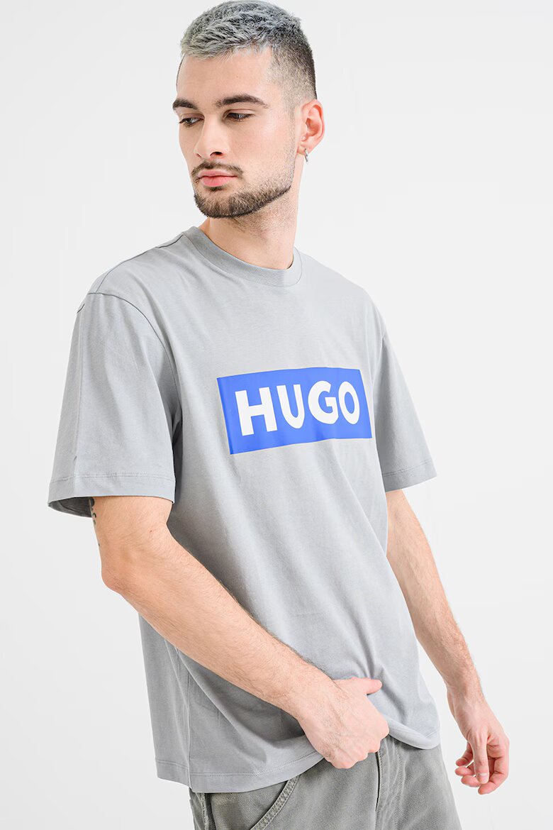 HUGO Тениска Nico с лого и овално деколте Пепеляво сиво/Кралско Синьо