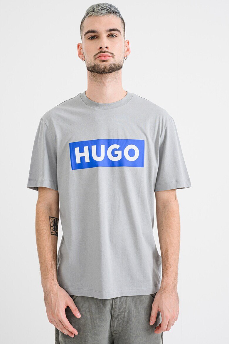 HUGO Тениска Nico с лого и овално деколте Пепеляво сиво/Кралско Синьо