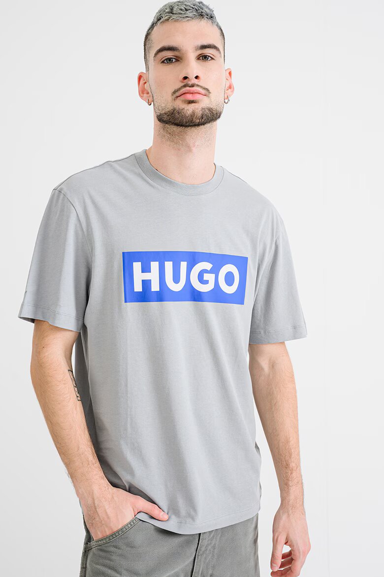 HUGO Тениска Nico с лого и овално деколте Пепеляво сиво/Кралско Синьо
