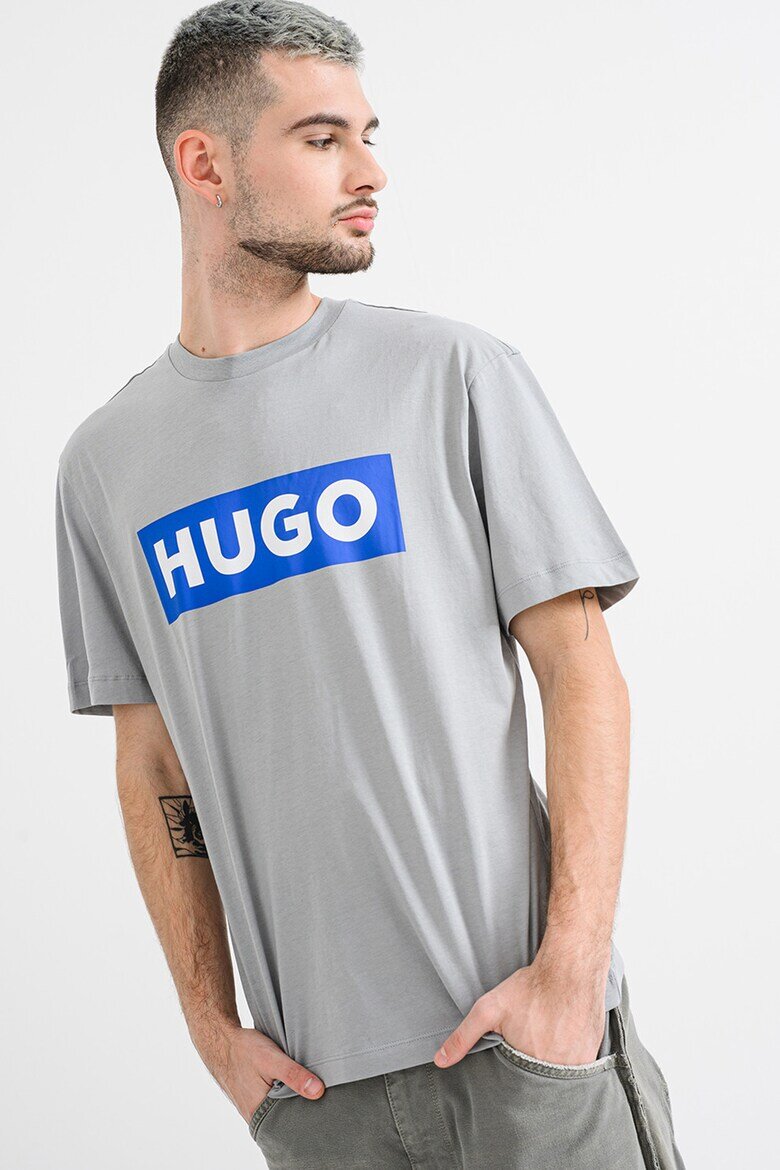 HUGO Тениска Nico с лого и овално деколте Пепеляво сиво/Кралско Синьо