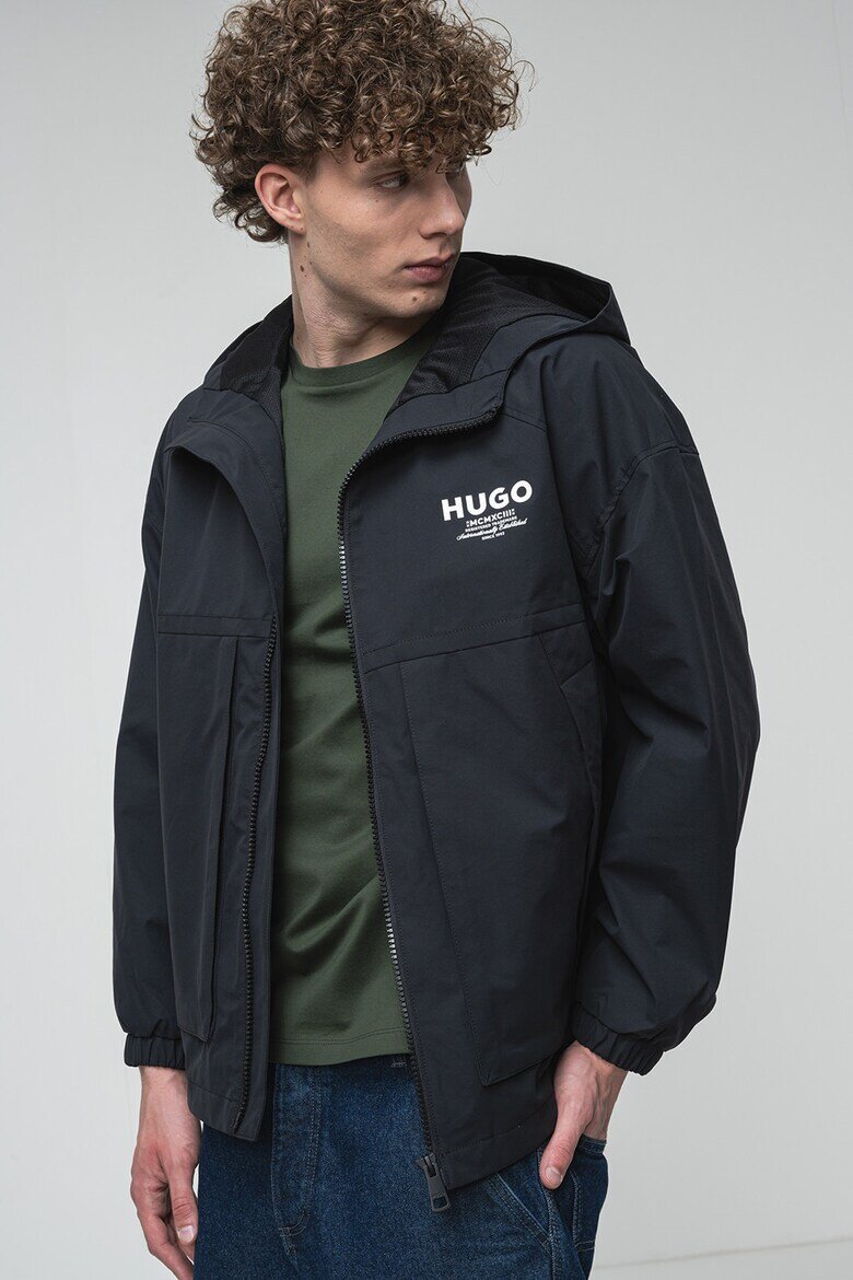 HUGO Яке с качулка и лого Черен