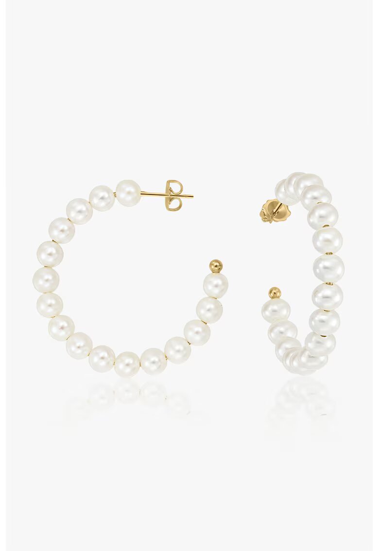 INDIRA 14K позлатени обеци - декорирани с перли Golden Pearl Hoops 2 микрона - Бял/Златист