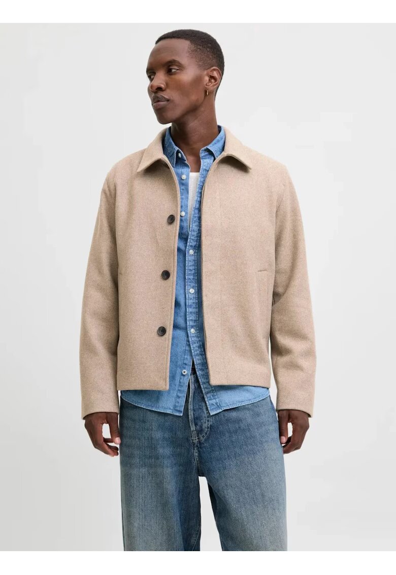 Jack & Jones Късо палто за мъже - JEHARRIS - с висока яка и 2 наклонени джоба - Светлокафяв