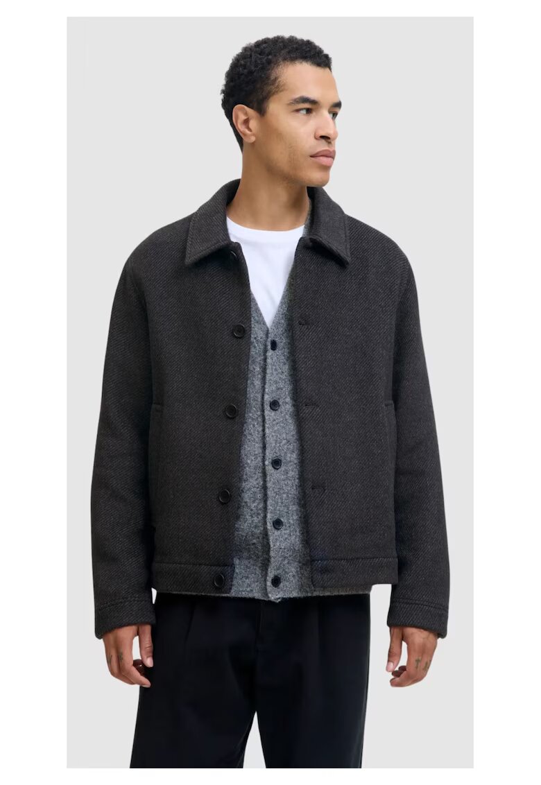Jack & Jones Мъжко палто късо - тъмносив - L - висока яка - 2 наклонени джоба - Tъмносив