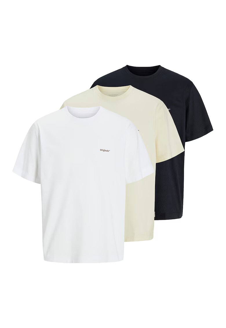Jack & Jones Памучна тениска с овално деколте - 3 броя - Бял/Черен/Бежов