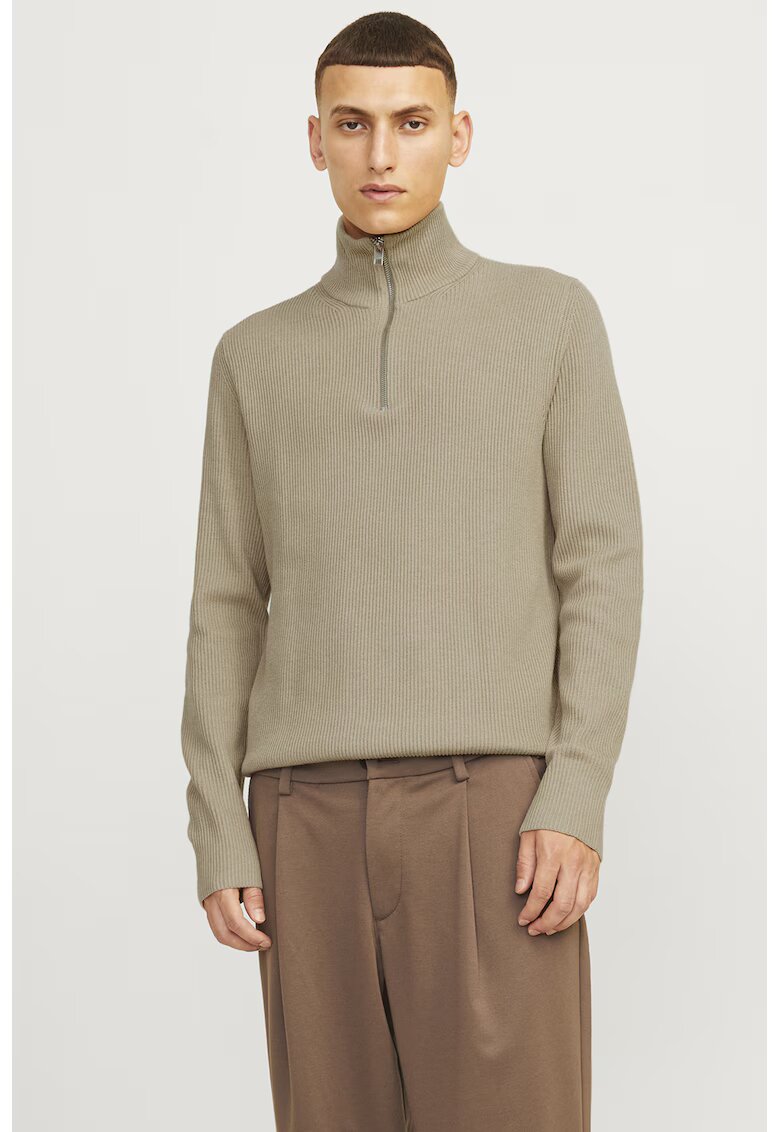 Jack & Jones Рипсен пуловер с памук с къс цип