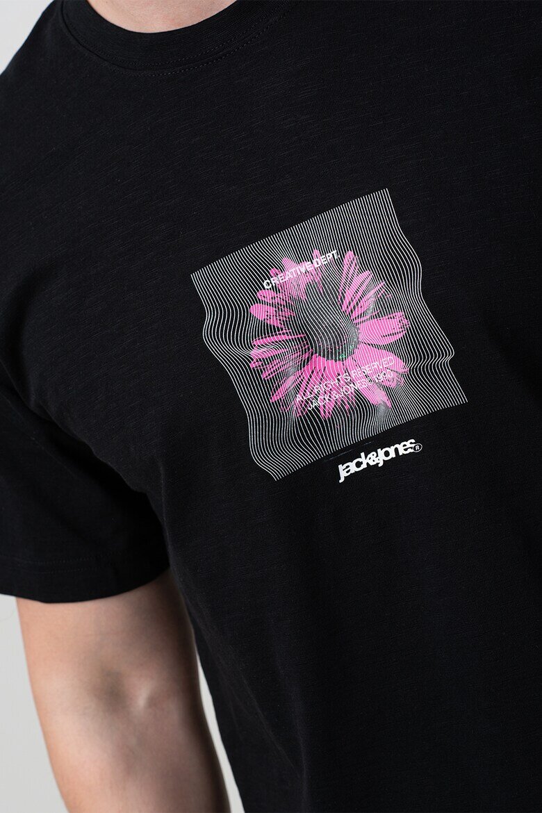 Jack & Jones Тениска с овално деколте и принт Бял/Фуксия/Черен меланж