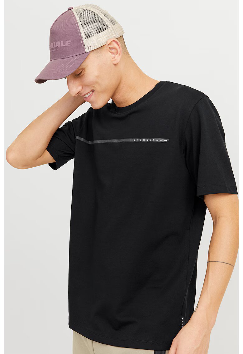 Jack & Jones Тениска с памук с овално деколте - Черен