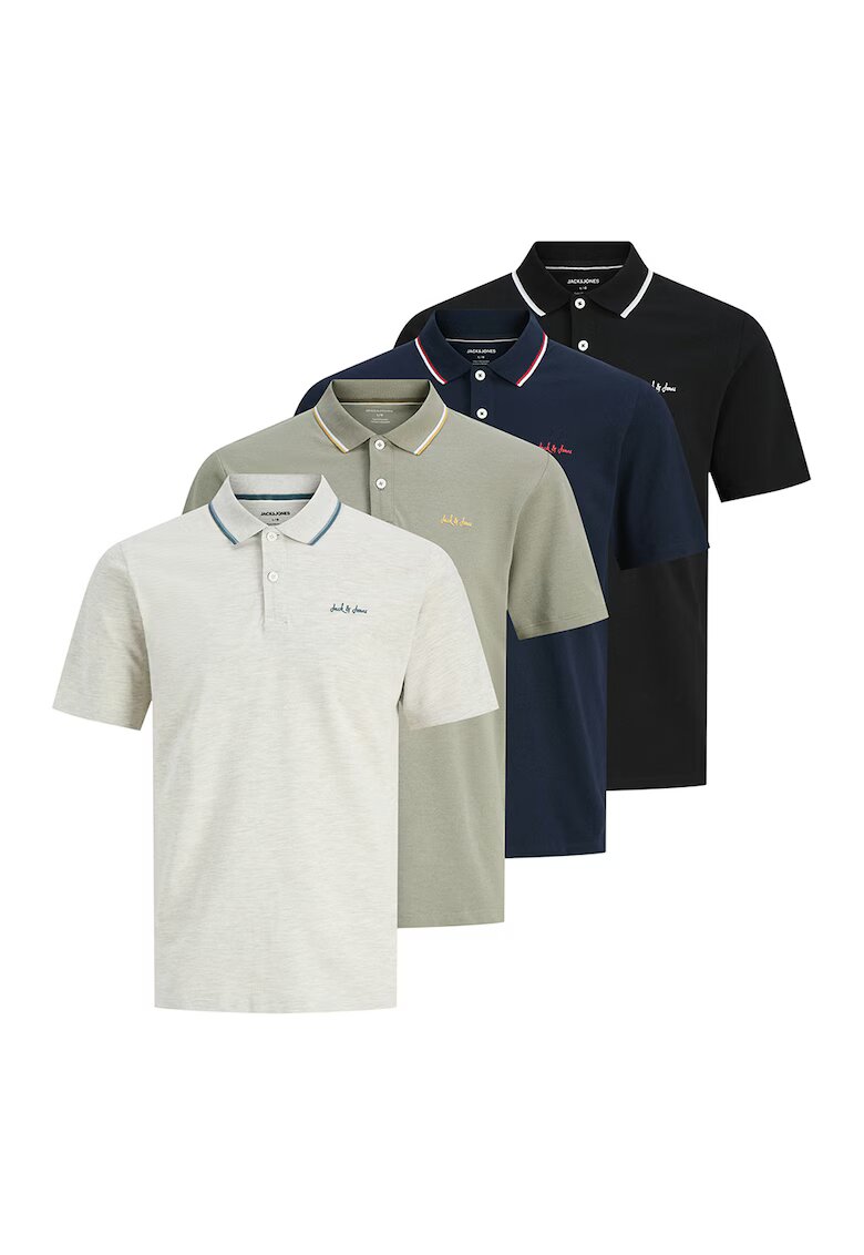 Jack & Jones Тениски с яка - 4 броя - Черен/Сив/Бледозелен