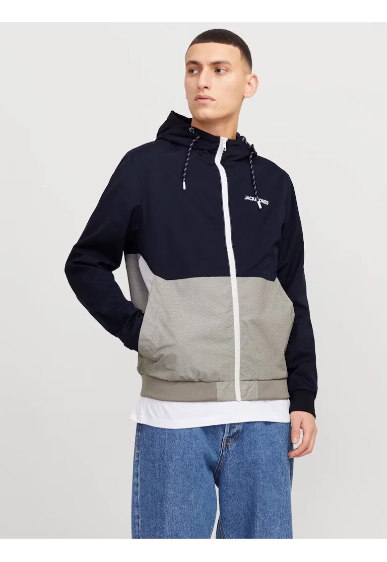 Jack & Jones Яке бомбър с качулка - JJERUSH HOOD - Тъмносин/dwqfwqСив - Сив/Тъмно морско синьо