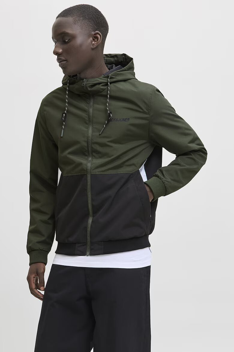 Jack & Jones Яке Rush с цип и качулка Черен/Тъмнозелен
