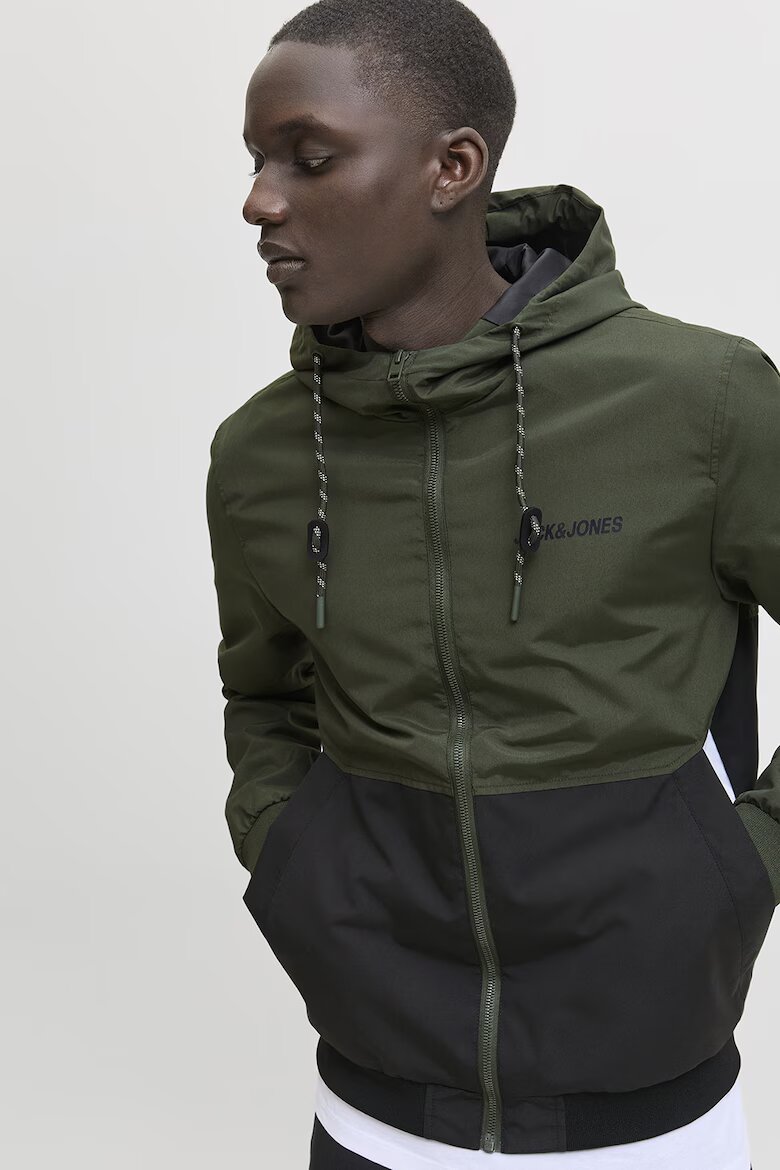 Jack & Jones Яке Rush с цип и качулка Черен/Тъмнозелен