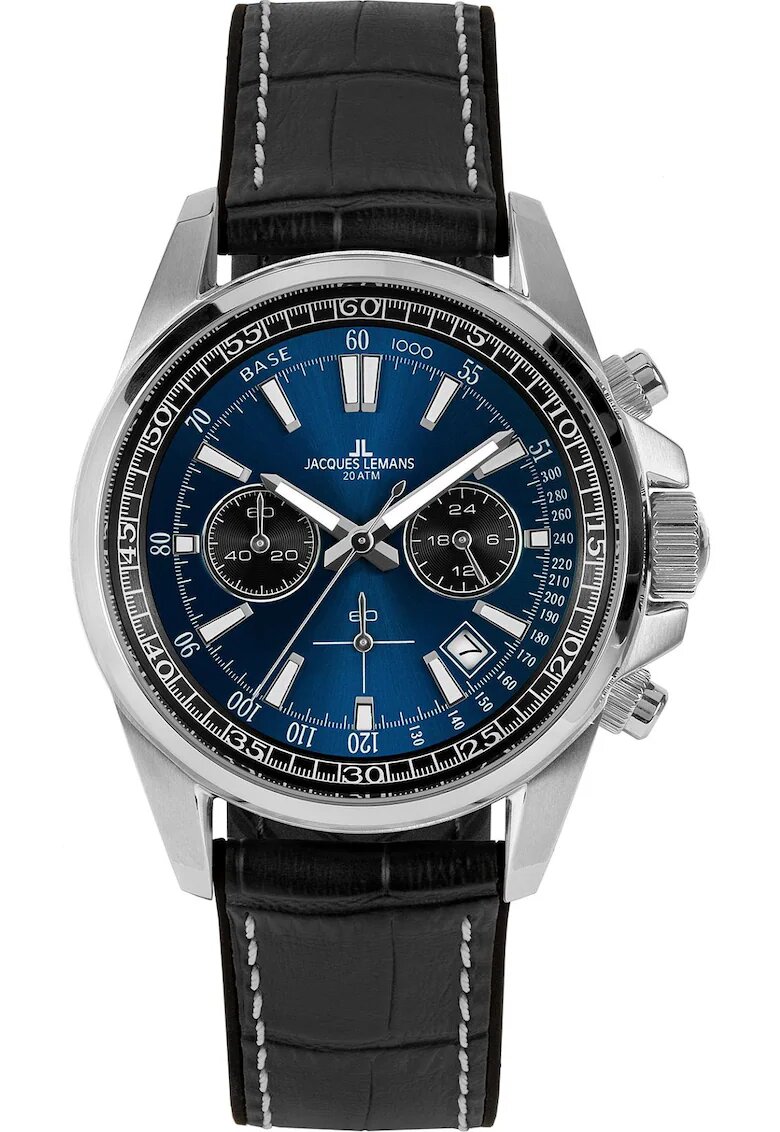 Jacques Lemans Мъжки часовник Liverpool Chronograph - дата - неръждаема стомана/естествена кожа - хронограф - Super-LumiNova - водоустойчивост 20 ATM - черен
