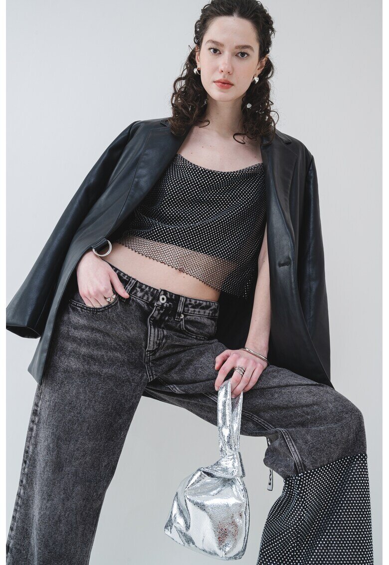 KARL LAGERFELD JEANS Мрежест топ с дизайн 2е1 и лого - Черен/Сребрист