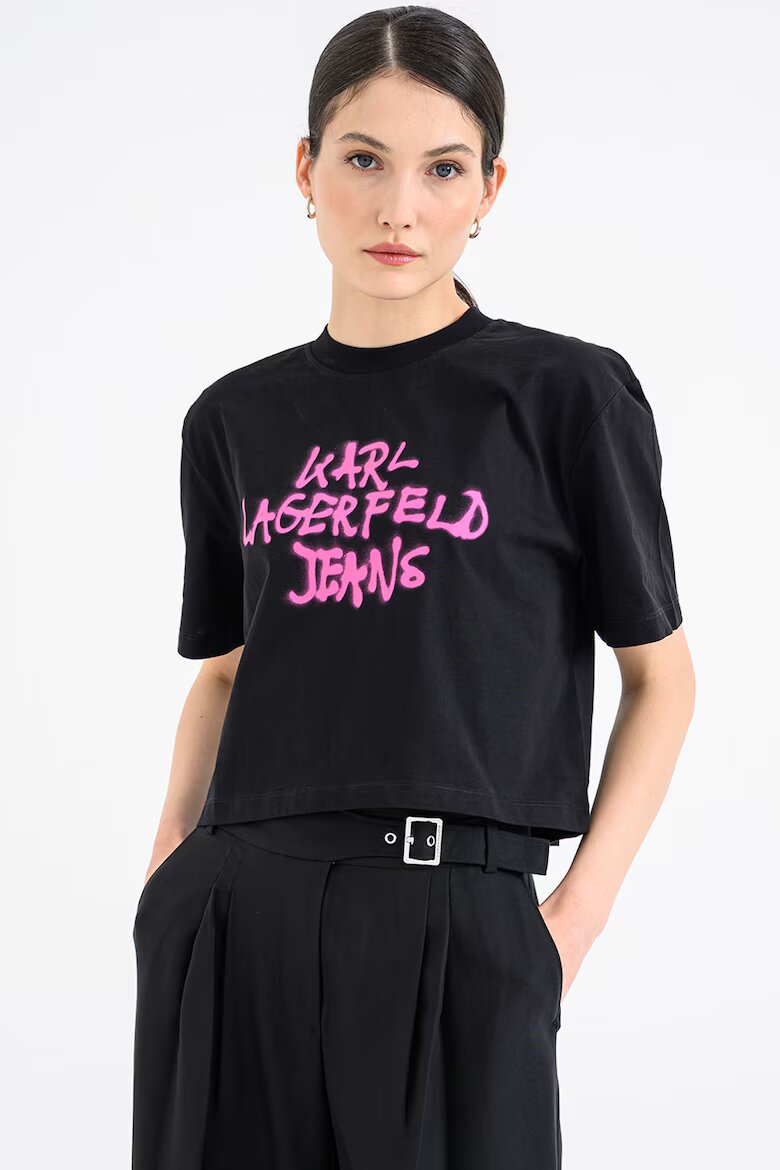 KARL LAGERFELD JEANS Памучна къса тениска с графит Черен/Фуксия