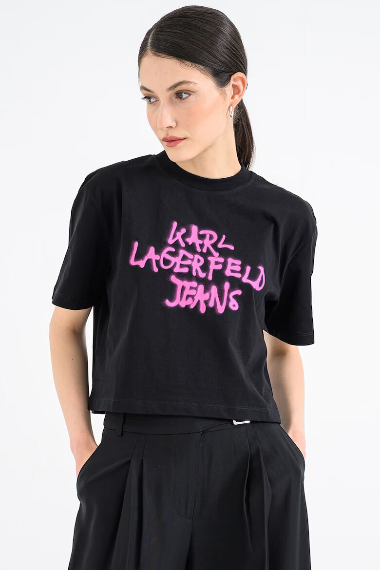 KARL LAGERFELD JEANS Памучна къса тениска с графит Черен/Фуксия
