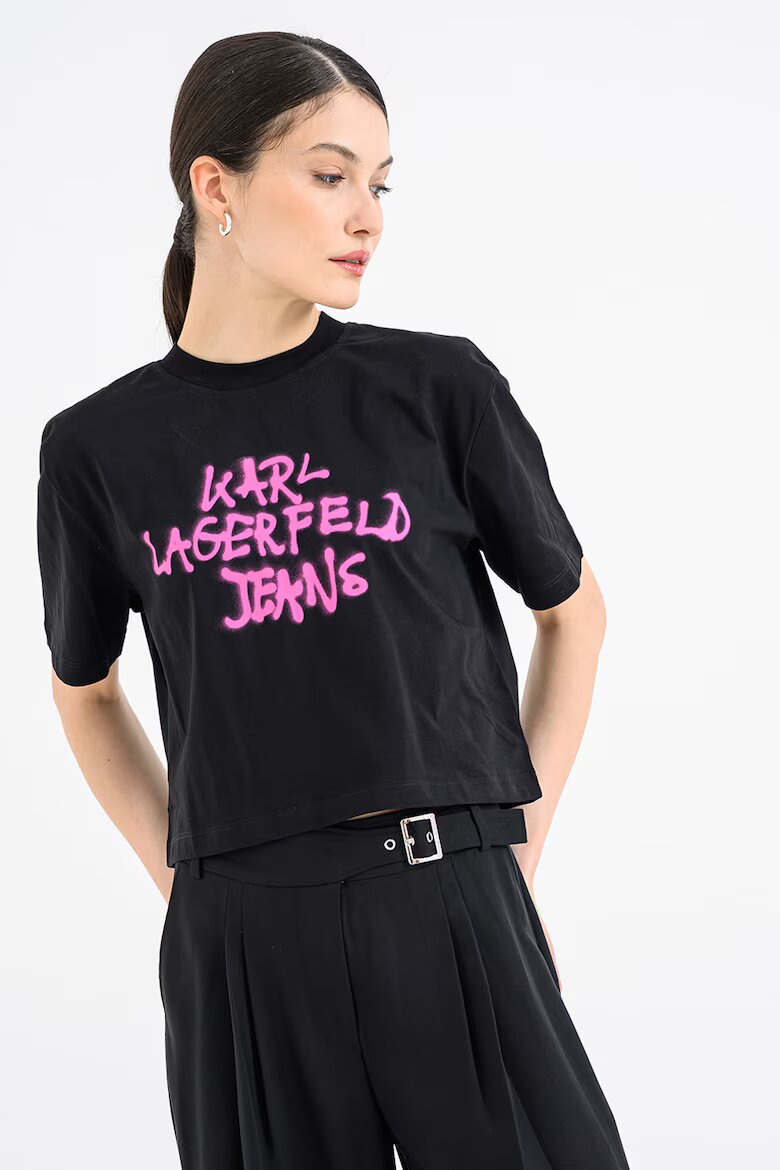 KARL LAGERFELD JEANS Памучна къса тениска с графит Черен/Фуксия