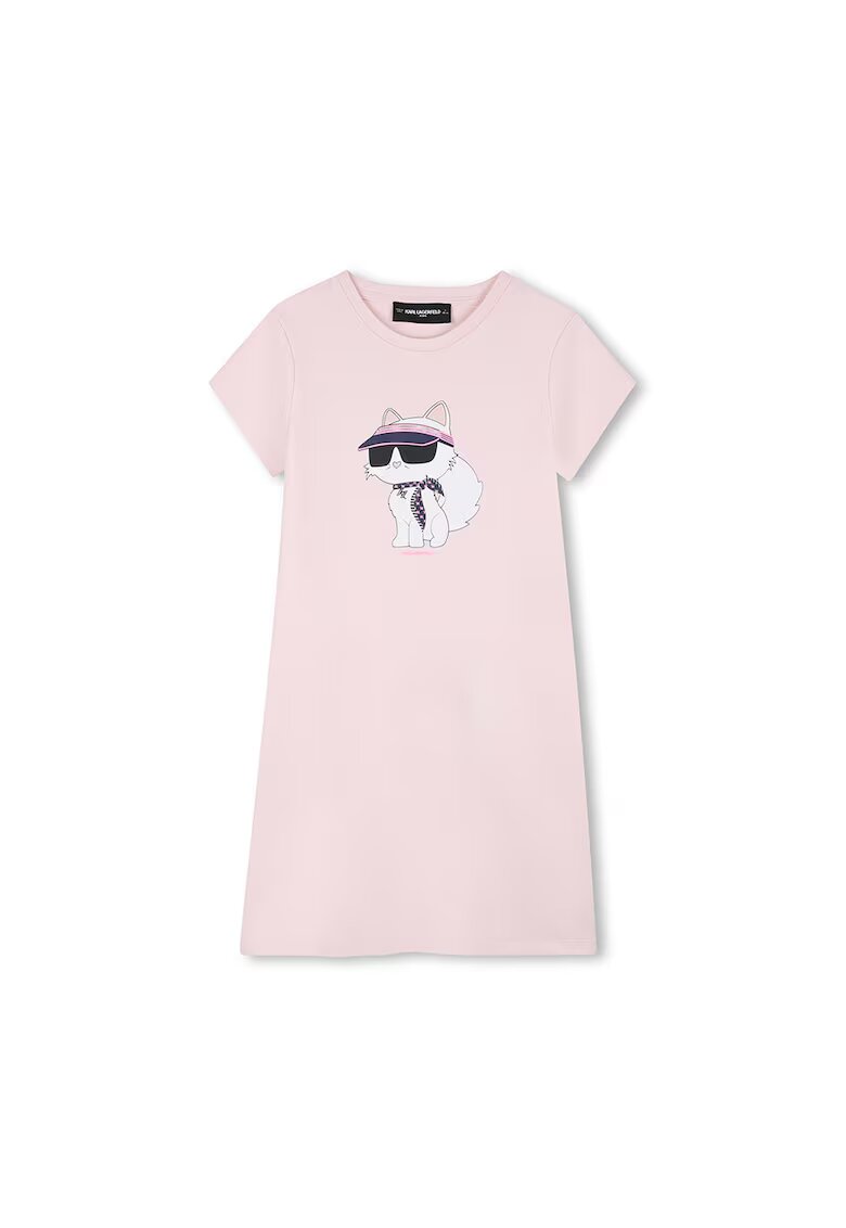 KARL LAGERFELD KIDS Памучна рокля-тениска с графика - Пастелнорозов/Избеляло черно/Бял