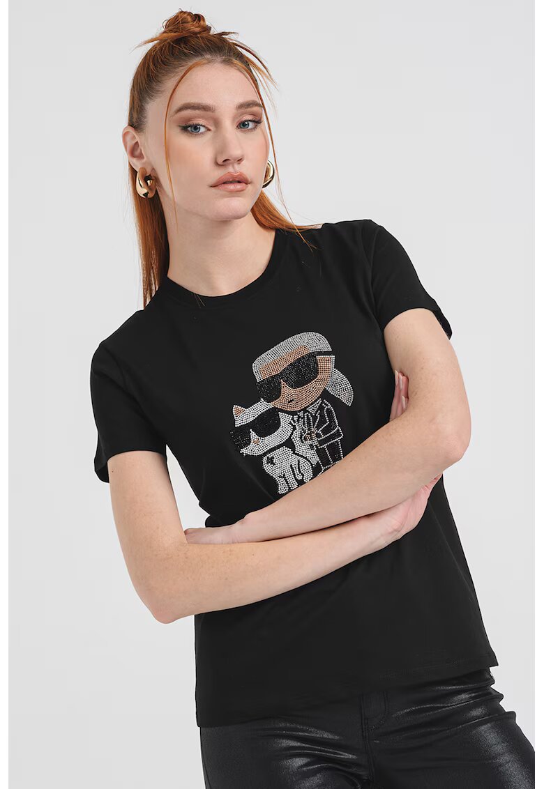 Karl Lagerfeld Тениска от органичен памук с декоративни камъни - Черен/Прашно розово/Сребрист