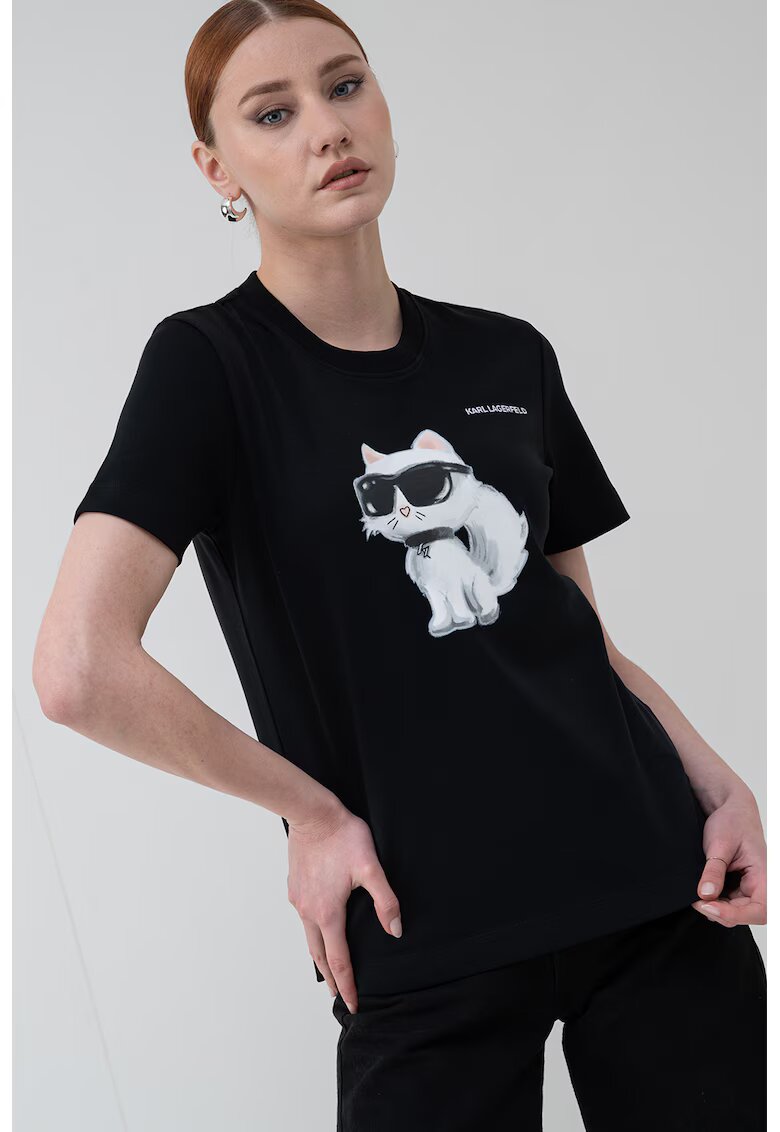 Karl Lagerfeld Тениска от органичен памук с графика - Бял/Избеляло черно/Праскова