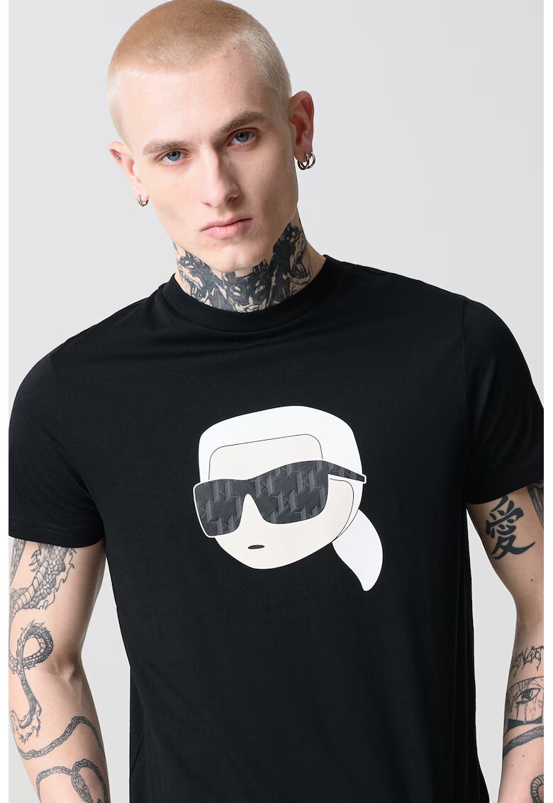 Karl Lagerfeld Тениска от памук с овално деколте и лого - Черен/Мръснобял