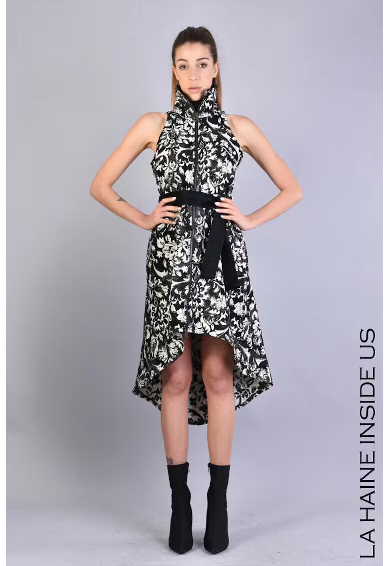LA HAINE INSIDE US Asymmetrical Sleeveless Midi Dress With Floral Pattern - Черен