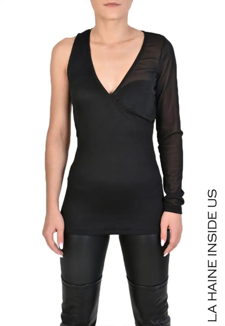 LA HAINE INSIDE US One-Shoulder Blouse With V Necklike & Tull Insertion - Черен