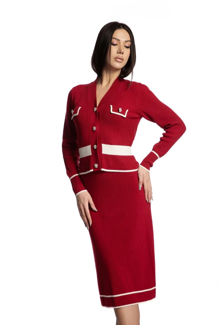 Lara Wear Жилетка с бижутерски тип копчета - Бял/Тъмночервен