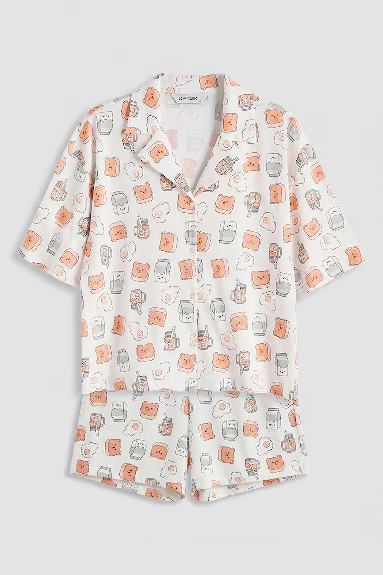 LC WAIKIKI Къса памучна пижама с графика Бял/Корал