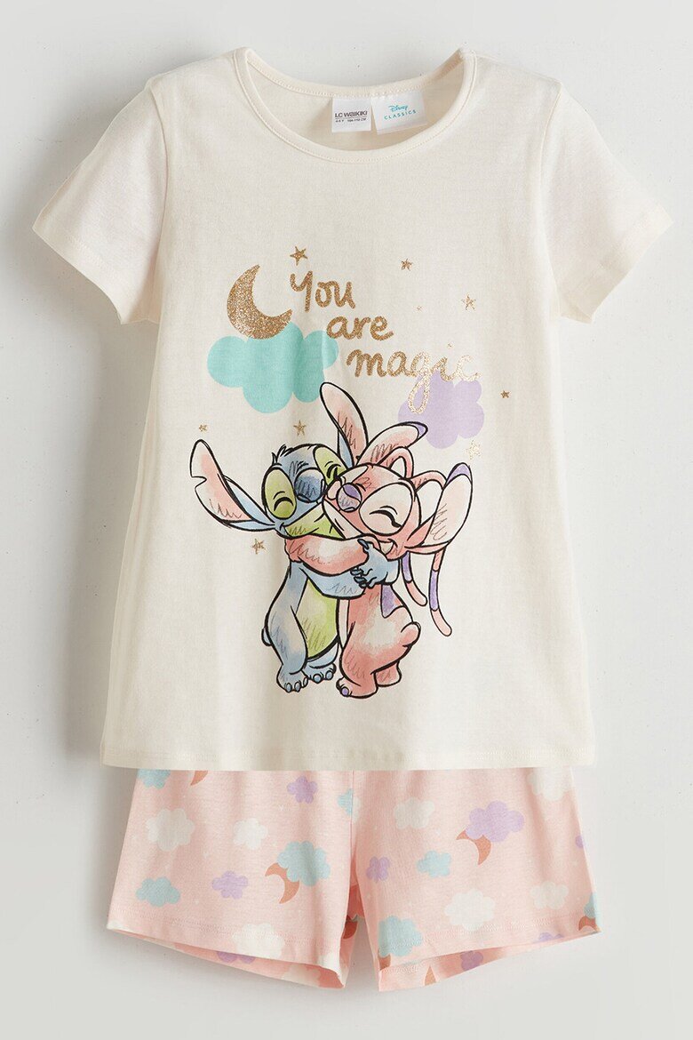 LC WAIKIKI Къса пижама с принт Stitch & Angel Пастелнорозов/Праскова/Син